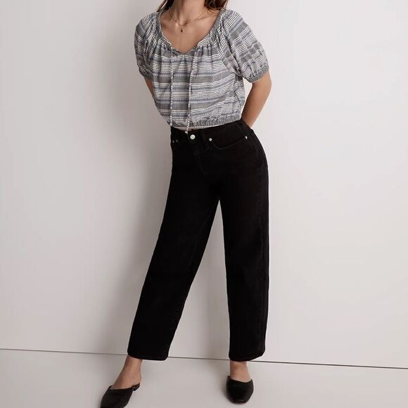 Madewell Jacquard Keyhole Crop Top in Stripe Tranquil Ocean M - Picture 2 of 5